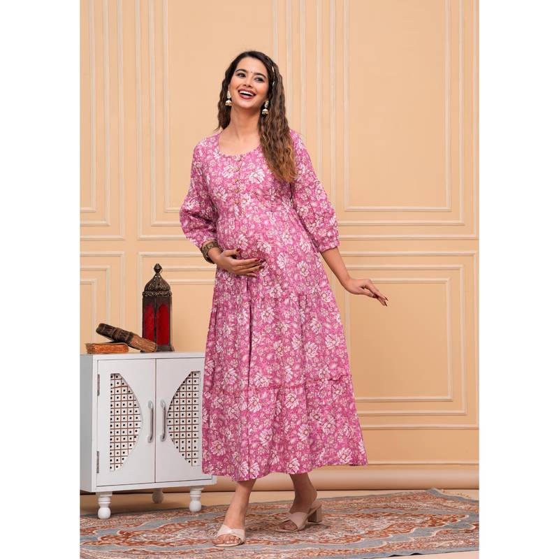 UrbanRang Pink Meadow Printed Maternity Maxi (L)