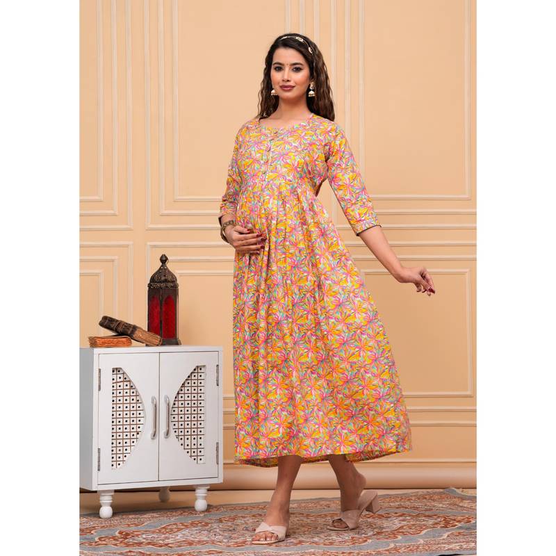 UrbanRang Peach Blossom Printed Maternity Dress (S)
