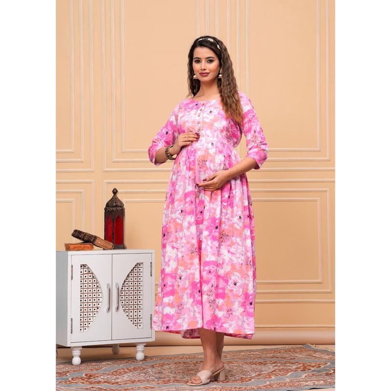 UrbanRang Candy Pink Floral Flared Maternity Maxi (S)