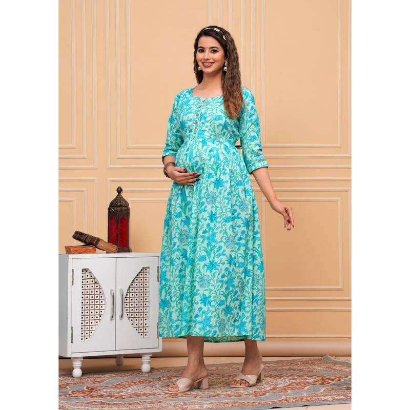UrbanRang Aqua Bloom Printed Maternity Dress (S)