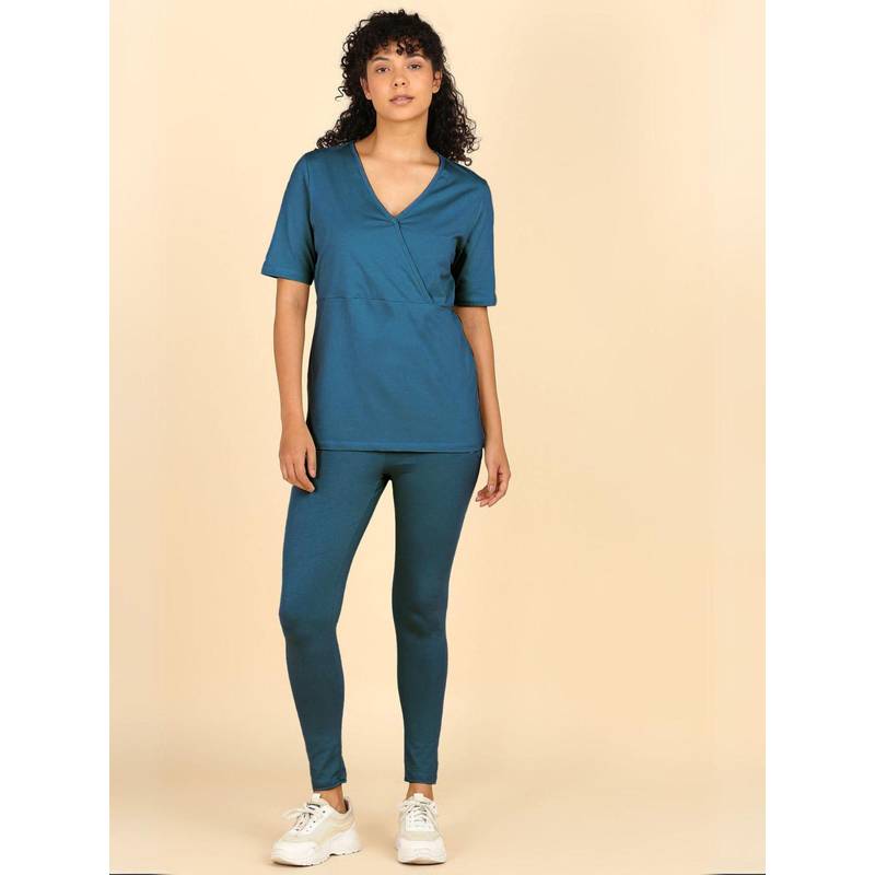 Zelena Teal Cotton Maternity Top and Legging Set - Zipless Feeding Set (L)