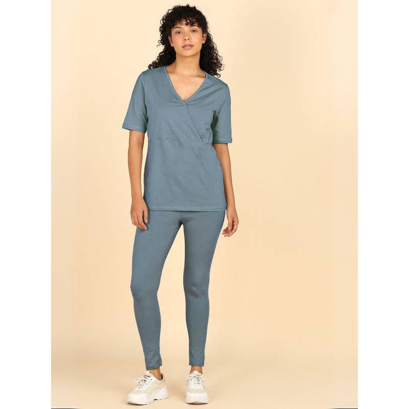 Zelena Blue Cotton Maternity Top and Legging Set - Zipless Feeding Set (XL)