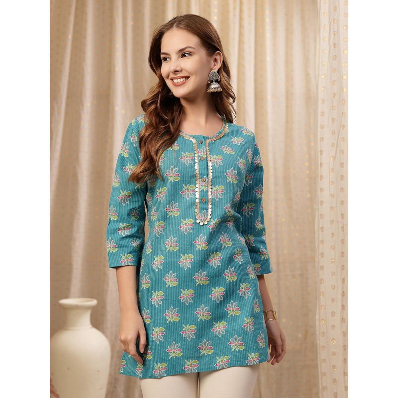 Zelena Teal Cotton Zipless Maternity Feeding Top - Embroidered Neck (XL)