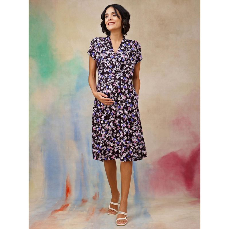 Zelena Black AARNA NOOR Indigo Rayon Maternity and Nursing Dress (M)