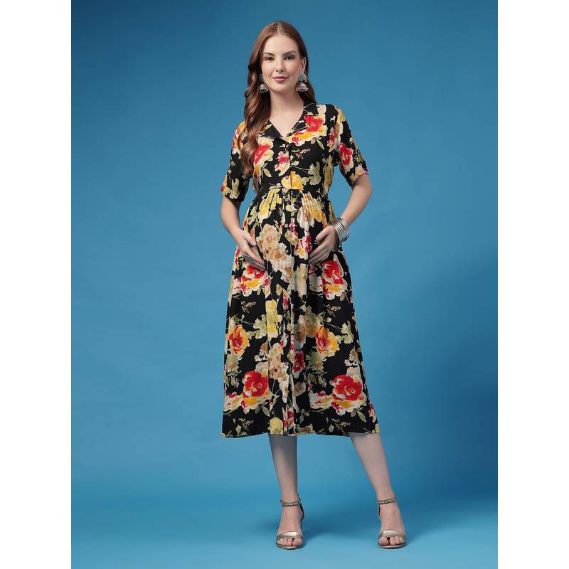 Zelena Black Rayon Maternity Zipless Feeding Dress (M)