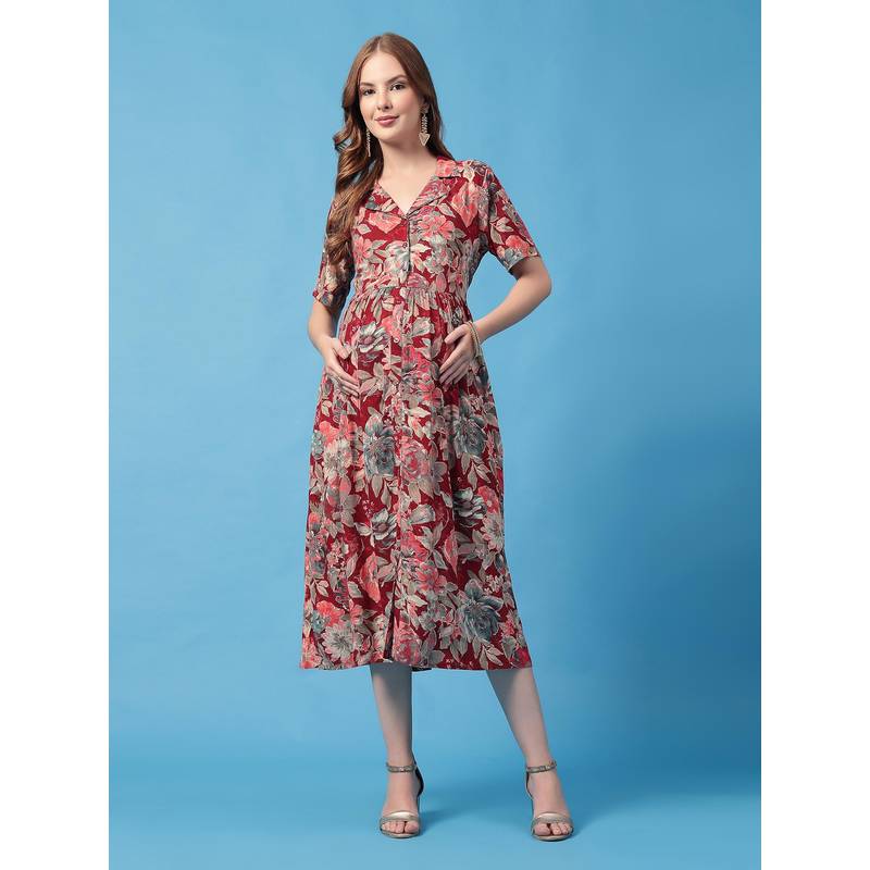 Zelena Multi-Color Rayon Maternity Zipless Feeding Dress (XL)