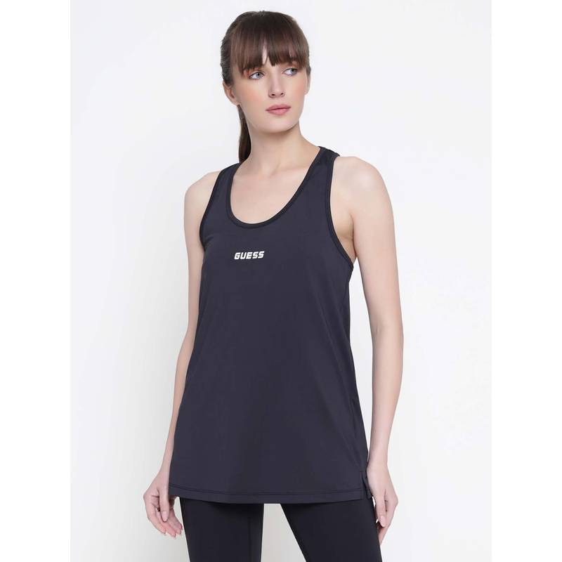 Guess Women Black Solid Round Neck Tank (S)