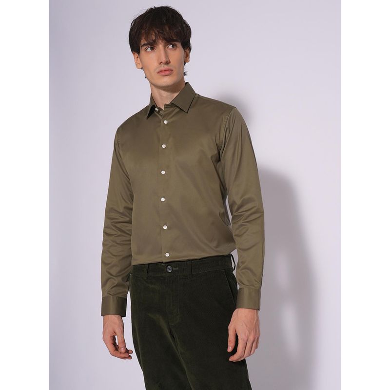 Selected Olive Green Slim Fit Full Sleeves Shirt (2XL)
