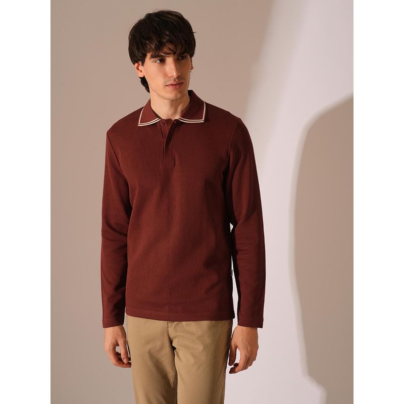 Selected Maroon Knitted Full Sleeves Polo T-Shirt (2XL)