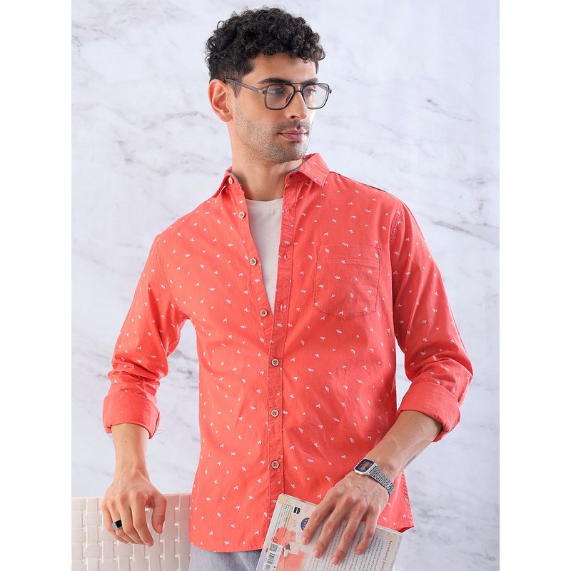 Hardsoda By The Indian Garage Co Mens Orange Ditsy Print Spread Collar Casual Shirt (S)