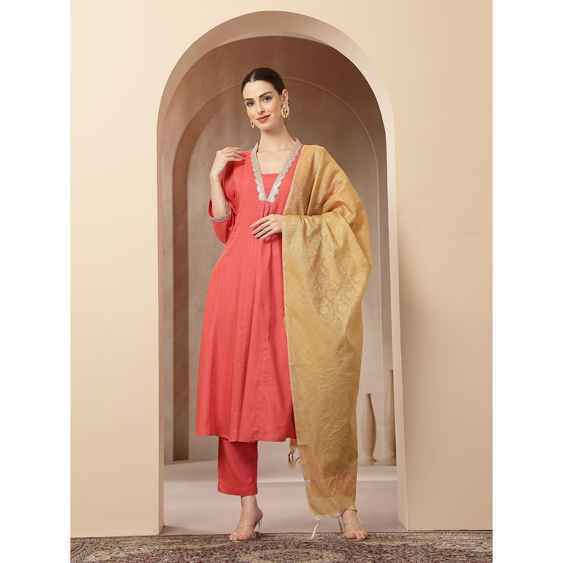 Zelena Rayon Maternity Anarkali Pant and Dupatta - Coral Pink (L)