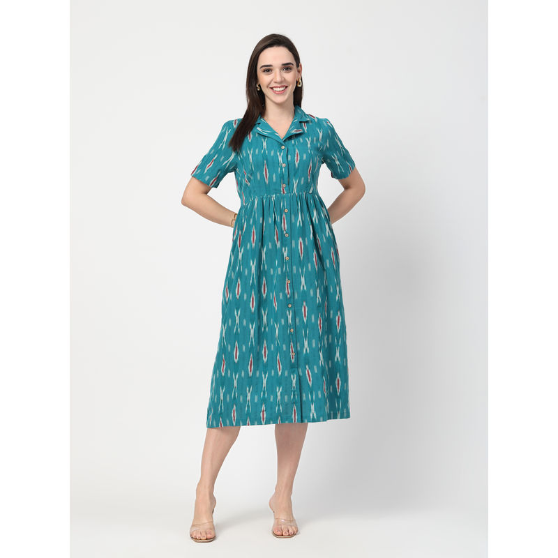 Zelena Cotton Maternity Shirt Dress - Teal Blue (L)