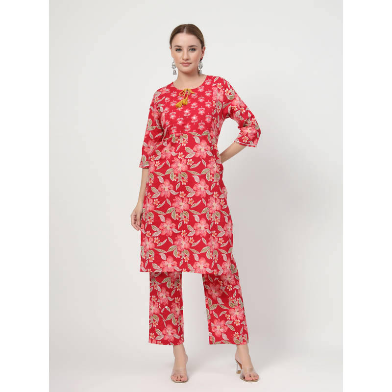 Zelena Cotton Maternity Kurta and Pant - Red (2XL)
