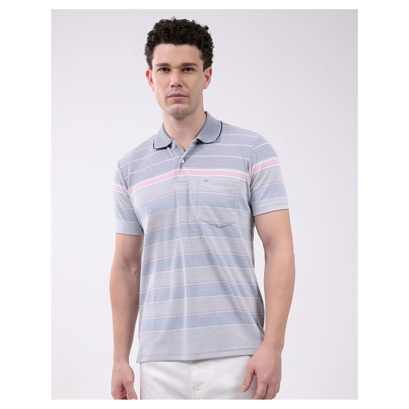 Monte Carlo Men Blue Regular Fit Collar Neck Striped Half Sleeve Polo T-Shirt (3XL)