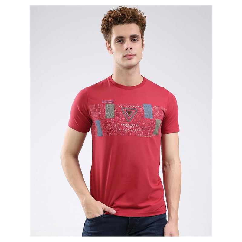 Monte Carlo Men Maroon Smart Fit Round Neck Printed Half Sleeve T-Shirt (M)