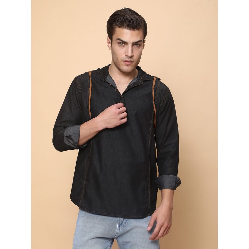 KUONS AVENUE Men Black Hooded Denim Casual Shirt (M)