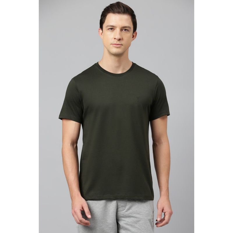 Van Heusen Men Dark Green Solid Crew Neck T-Shirt (S)