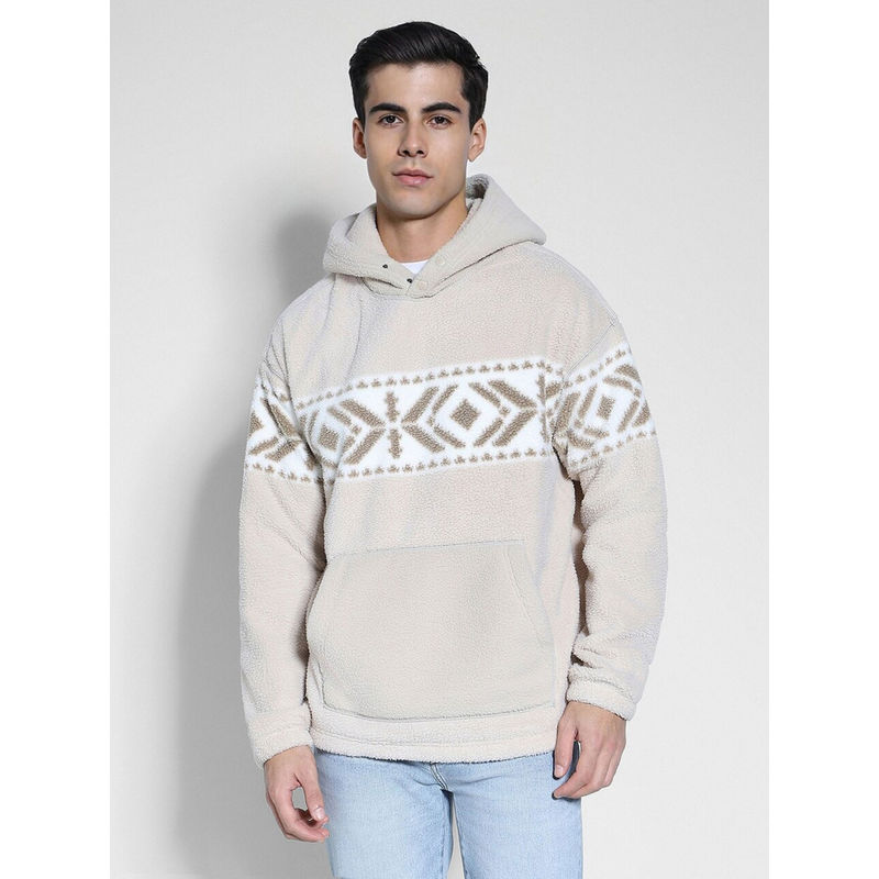 American Eagle Men Printed Beige Sherpa Pull Over Hoodie (XL)