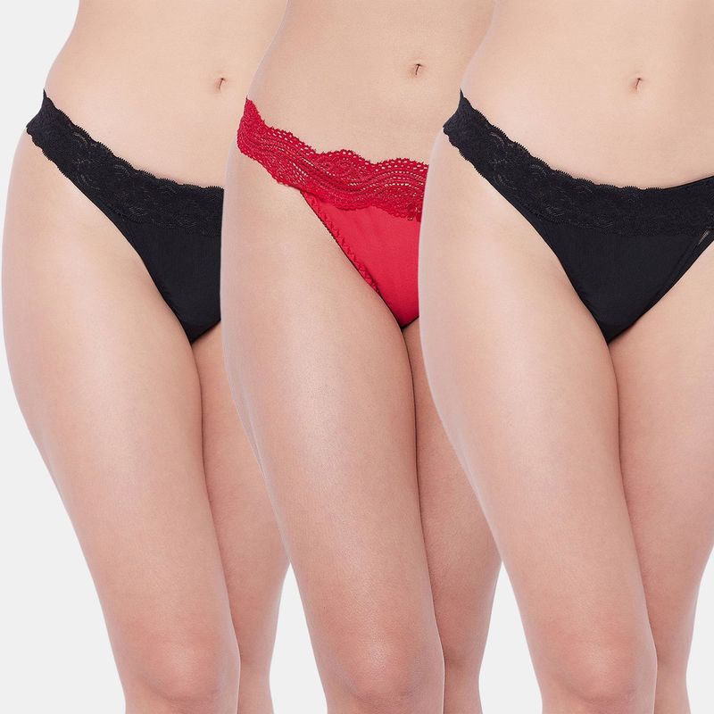 Secrets By Zerokaata Women Pack Of 3 Assorted Self Design Lace And Power Net Thong Briefs (M)