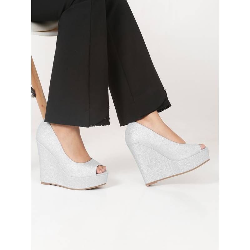 Flat n Heels Women Silver Wedges Heels (EURO 39)