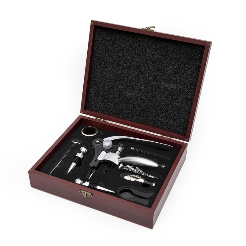 Ez Life Classy Black Wine Accessory Kit 9 Piece Set In Rosewood Box