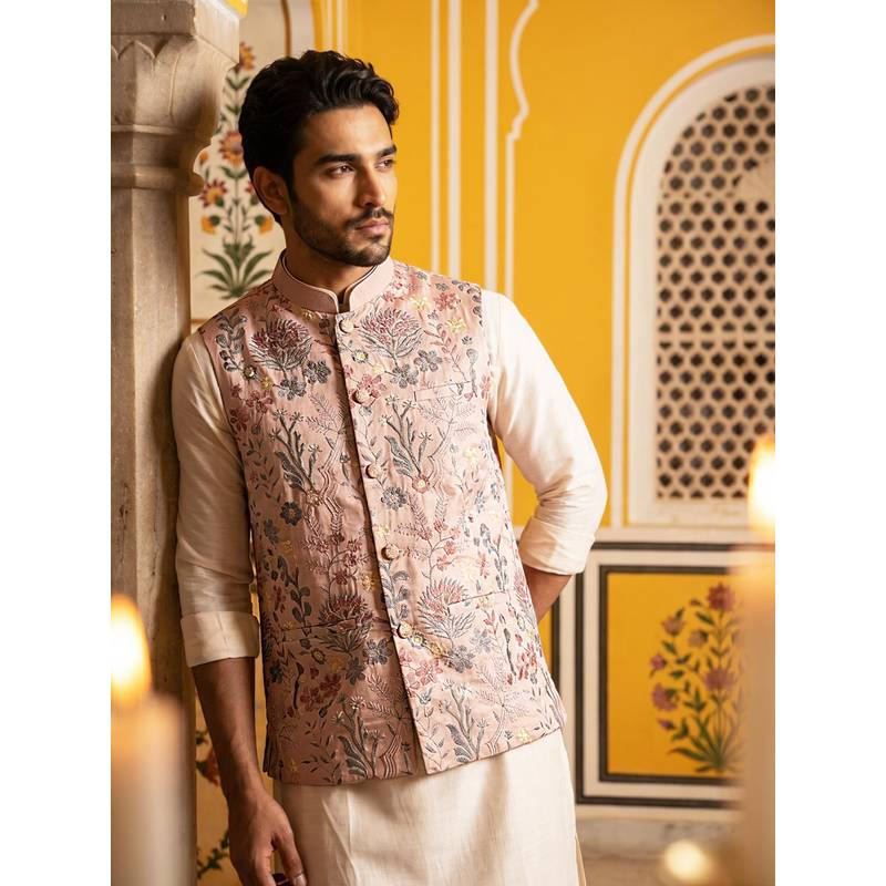 Jompers Floral Embroidered Silk Blend Nehru Jacket (L)