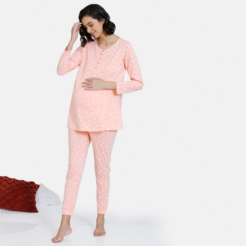 Zivame Maternity Cotton Pyjama Set - Peach Pearl (M)