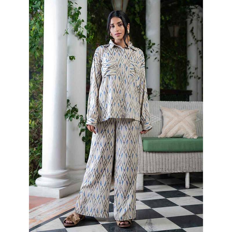 SANSKRUTIHOMES Women Cream Viscose Rayon Printed Full Sleeves Night Suit (Set of 2) (L)