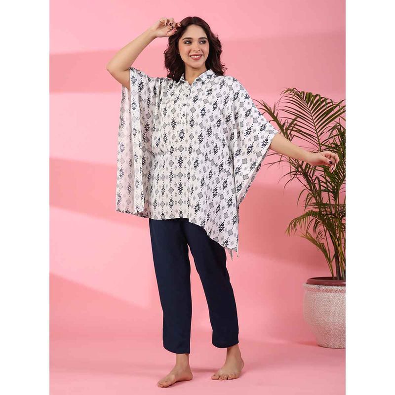 SAY Women Blue Viscose Rayon Abstract Three Fourth Sleeves Night Suit (Set of 2) (S)