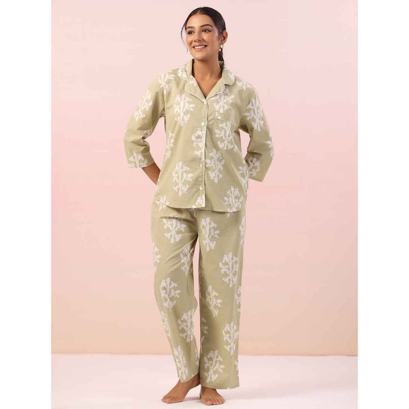 SAY Women Pista Green Cotton Ethnic Full Sleeves Night Suit (Set of 2) (XL)