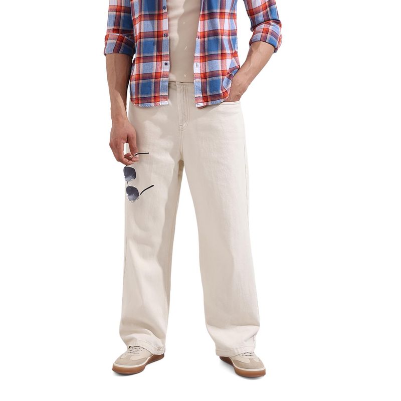 The Indian Garage Co Men Cream Baggy Fit Solid Mid-Rise Eternity Jeans (36)