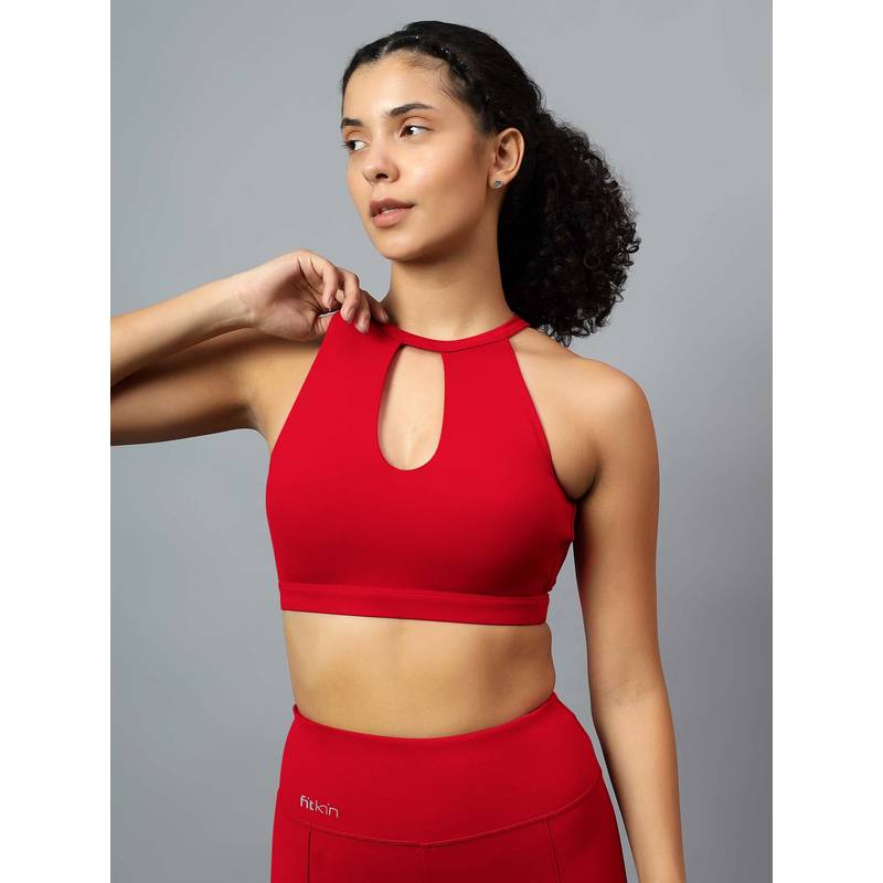 Fitkin Women Red Halter Style Medium Support Gym And Yoga Bra (L)