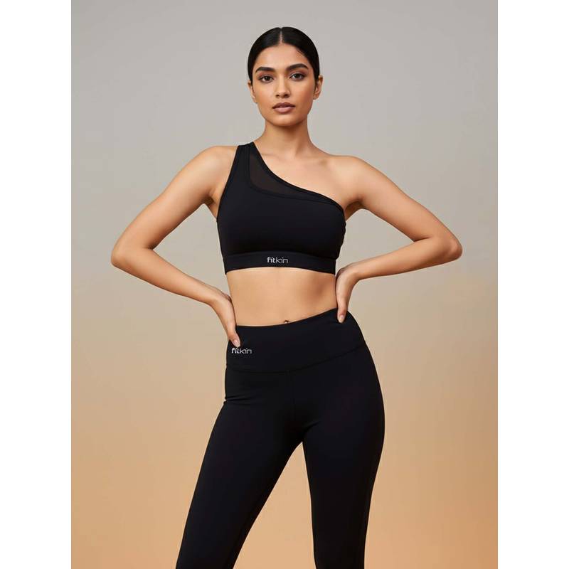 Fitkin One Shoulder Black Sports Bra With Front Net Panel (L)