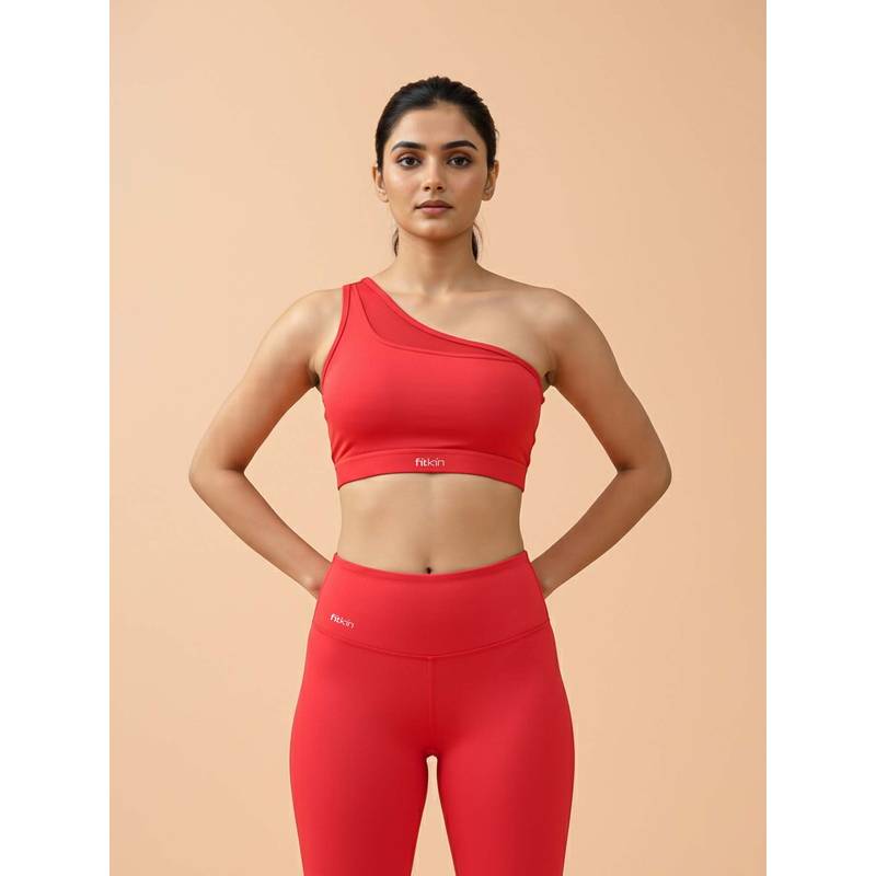 Fitkin One Shoulder Red Sports Bra With Front Net Panel (M)