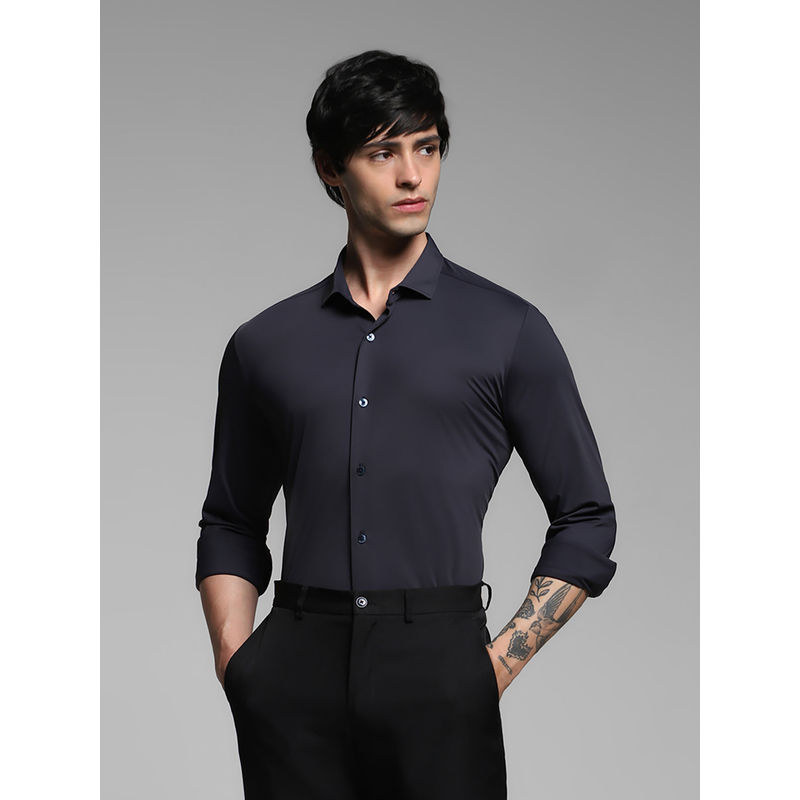 Jack & Jones Mens Dark Navy Blue Solid Slim Fit Shirt (2XL)