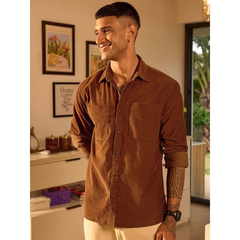 Bewakoof Men Rust Orange Corduroy Shirt (M)