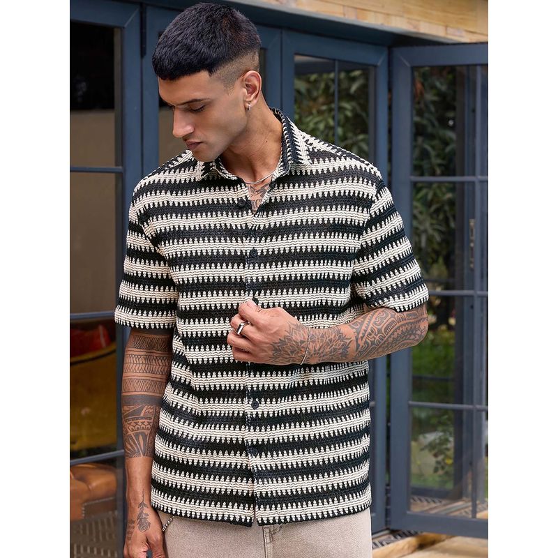 Bewakoof Men Black and Beige Textured Oversized Crochet Shirt (L)