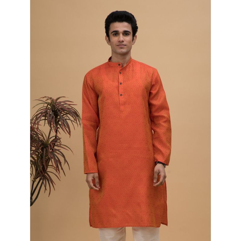 NEUDIS Men Orange Jacquard Silk Blend Long Kurta (36)
