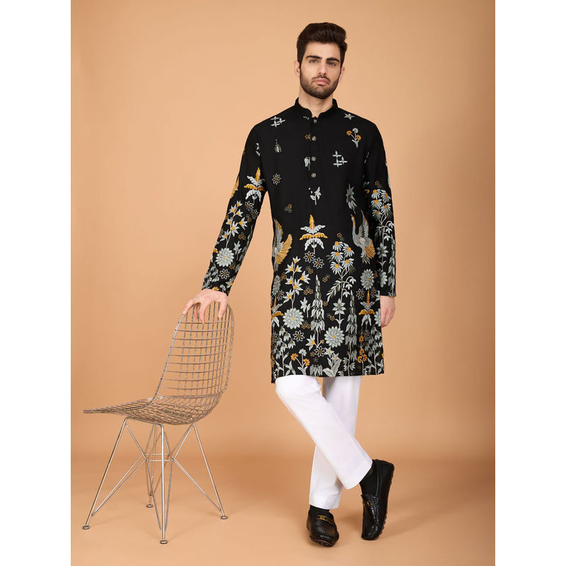 Odette Black Viscose Rayon Stitched Kurta for Men (2XL)
