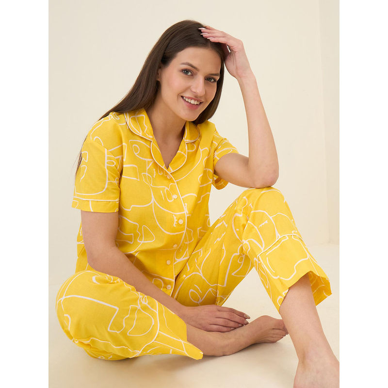 Sweet Dreams Women Yellow Printed Front Open Pyjama (Set of 2) (M)
