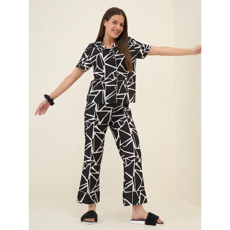 Sweet Dreams Women Black Printed Front Open Pyjama (Set of 2) (XL)