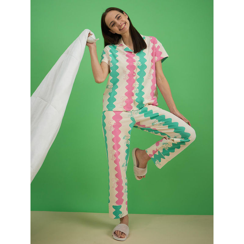 Sweet Dreams Women Beige Printed Front Open Pyjama (Set of 2) (L)