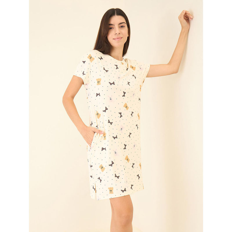 Sweet Dreams Women Cream Printed Short Sleeve Short Dress (M)