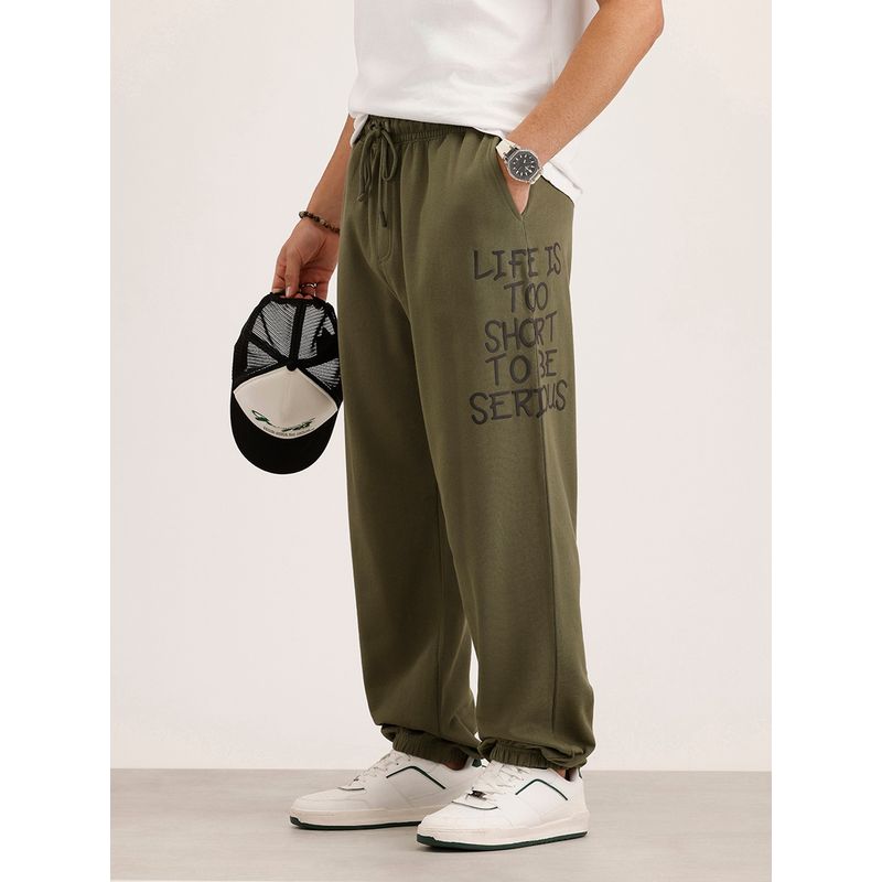 WROGN Men Olive Oversized Fit Placement Printed Jogger (28)