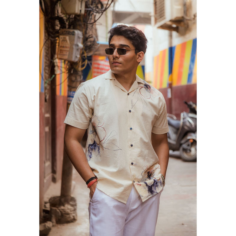 JAVINISHKA Petal Bloom - Hand Painted Flower Placement Linen Shirt (2XL)