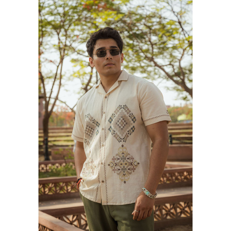 JAVINISHKA Threads Of Time - Abstract Placement Printed Linen Shirt (S)