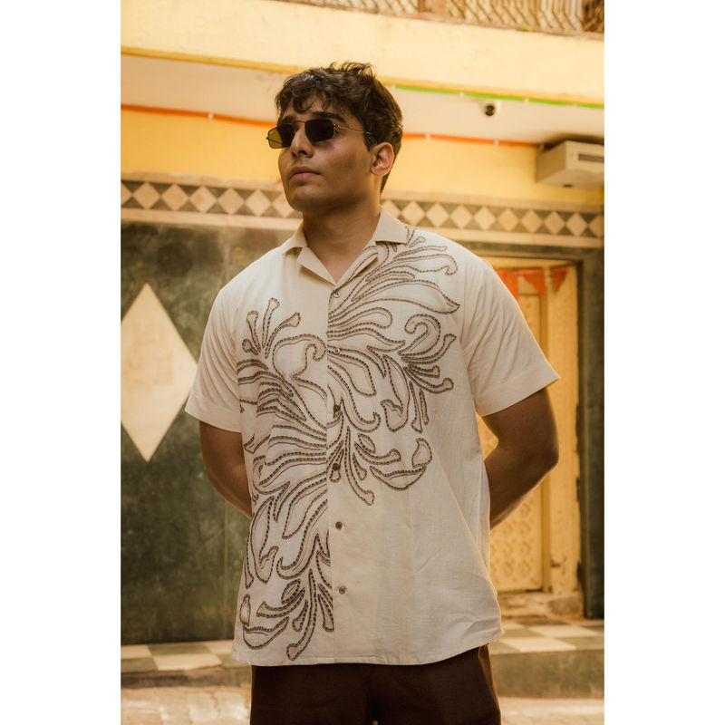 JAVINISHKA Leaflines - Branches with Leaves Placement Printed Linen Shirt (S)