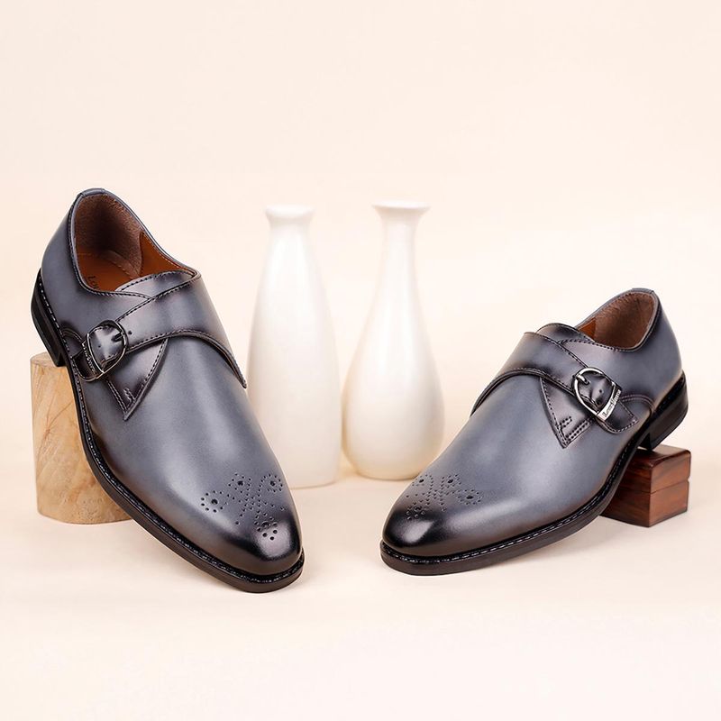 Louis Stitch Grey Men Leatherette Dual Tone Patina Shaded Monk Straps (UK 6)