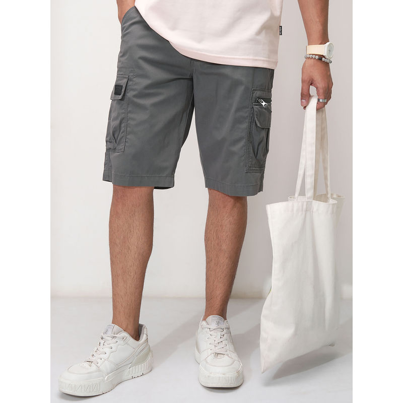 HIGHLANDER Men Grey Solid Regular Fit Cargo Shorts (34)
