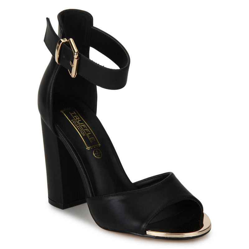 Buy Truffle Collection Black Pu Ankle Strap Block Heels Online